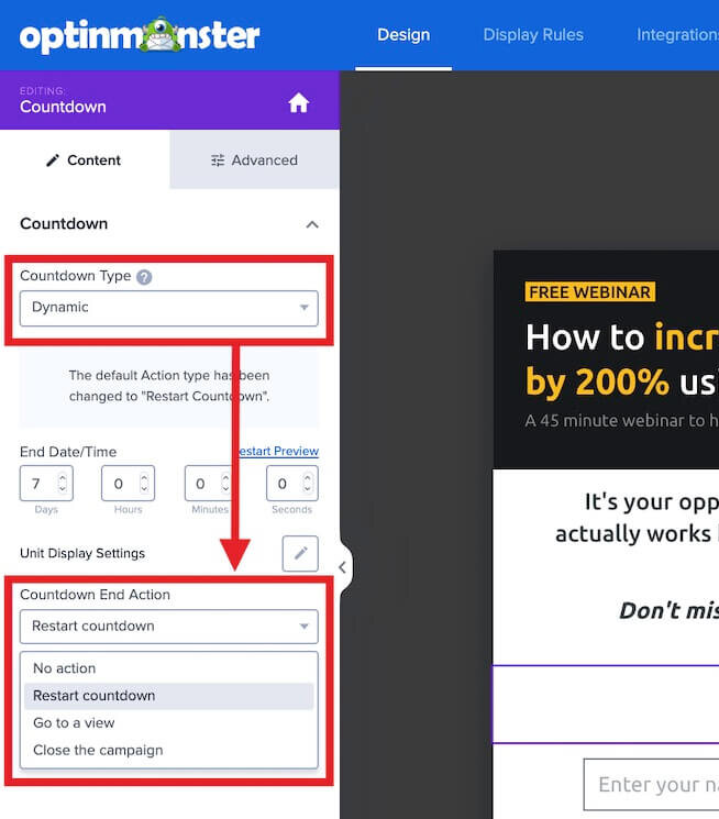 Configure the action that occurs when the countdown timer ends when creating a Dynamic countdown timer in OptinMonster. - OptinMonster Configure the action that occurs when the countdown timer ends when creating a Dynamic countdown timer in OptinMonster.