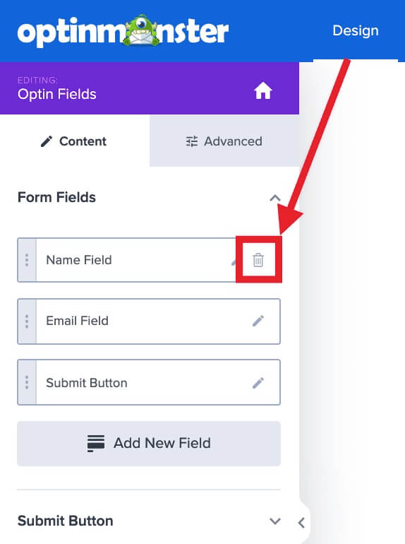 Delete form field by selecting the trash icon. - OptinMonster Delete form field by selecting the trash icon.