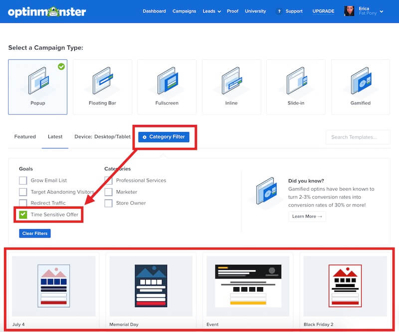 Category Filter for Time Sensitive Offers when creating a new campaign to see templates with countdown timers. - OptinMonster Category Filter for Time Sensitive Offers when creating a new campaign to see templates with countdown timers.