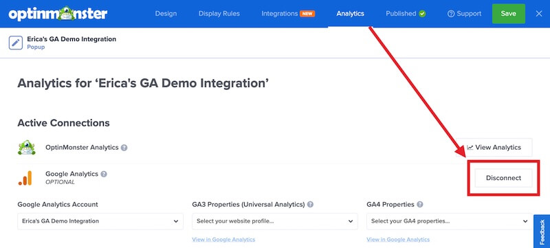 Disconnect Google Analytics from OptinMonster campaign. - OptinMonster Disconnect Google Analytics from OptinMonster campaign.