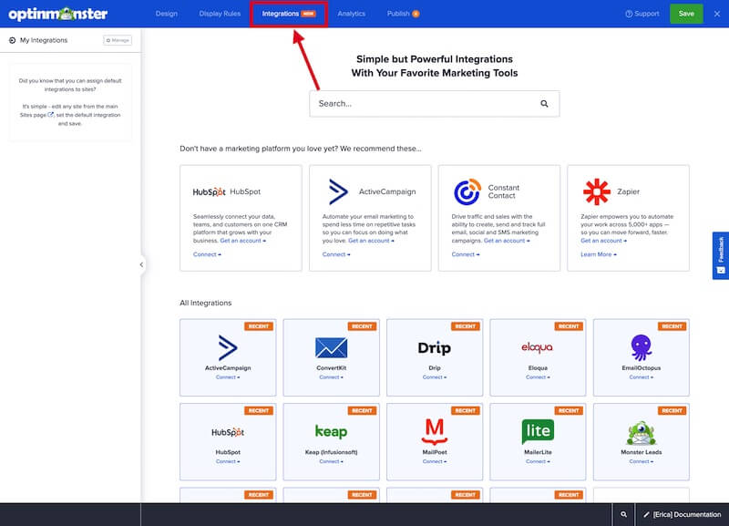 Integrations view of the OptinMonster campaign builder. - OptinMonster Integrations view of the OptinMonster campaign builder.