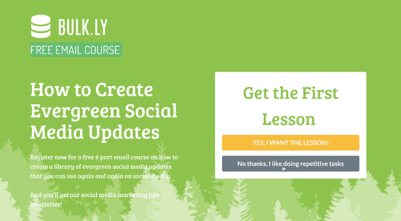 Bulkly offered a six week course using a fullscreen optin that also pushed visitors towards a free trial. - OptinMonster Bulkly offered a six week course using a fullscreen optin that also pushed visitors towards a free trial.