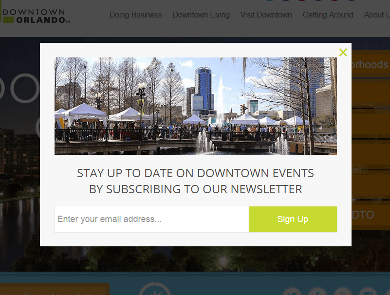 downtownorlando_lightbox - OptinMonster DowntownOrlando adds 4000 subscribers a year using OptinMonster
