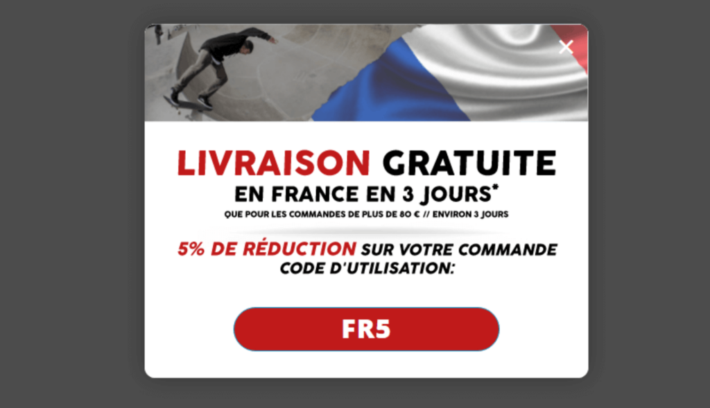 hyper_skates-min - OptinMonster Skates.co.uk popup, written in French. It says "Free Delivery in France in 3 Days" and offers a 5% coupon code.