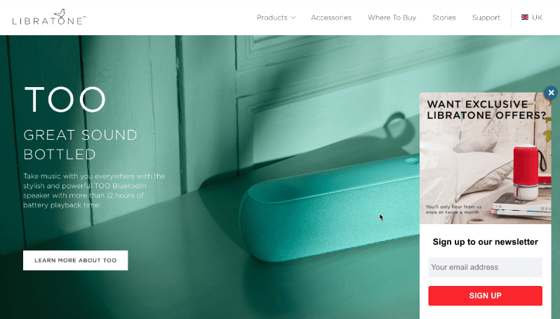 Libratone targets engaged visitors from the UK with a slide in optin. - OptinMonster Libratone targets engaged visitors from the UK with a slide in optin.