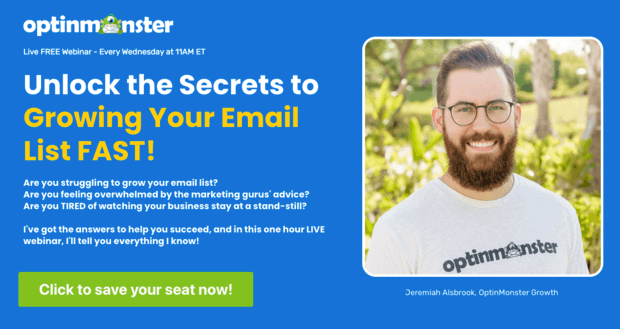 optinmonster-webinar-page - OptinMonster Screenshot of the signup page for OptinMonster's weekly webinar, "Unlocking the Secrets to Growing Your Email List FAST!"